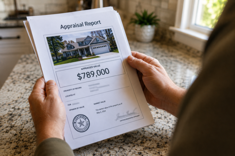 A homeowner reviews a printed home appraisal report at a kitchen counter in Raleigh NC, showing a value below the contract price