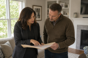 A real estate agent presents a folder of competing home offers to a seller standing in a sunlit living room in Raleigh NC, both reviewing the documents side by side