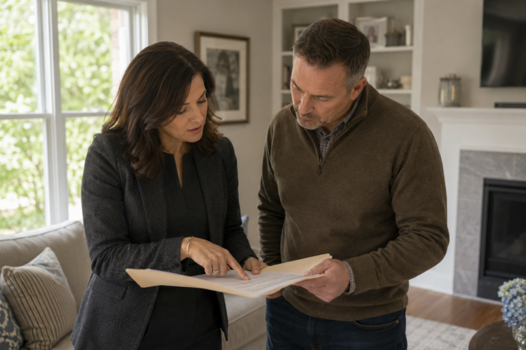 A real estate agent presents a folder of competing home offers to a seller standing in a sunlit living room in Raleigh NC, both reviewing the documents side by side