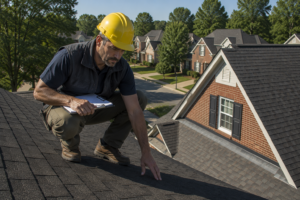 A licensed home inspector in a yellow hard hat examines roof shingles on a two-story home in a Raleigh NC neighborhood on a bright summer morning, clipboard in hand