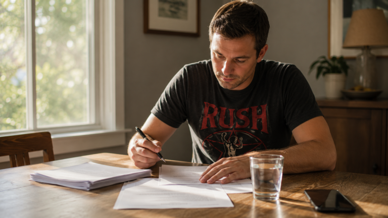 First-time home buyer in Raleigh NC reviewing an offer document at a dining table, preparing to submit an offer on a house in 2026