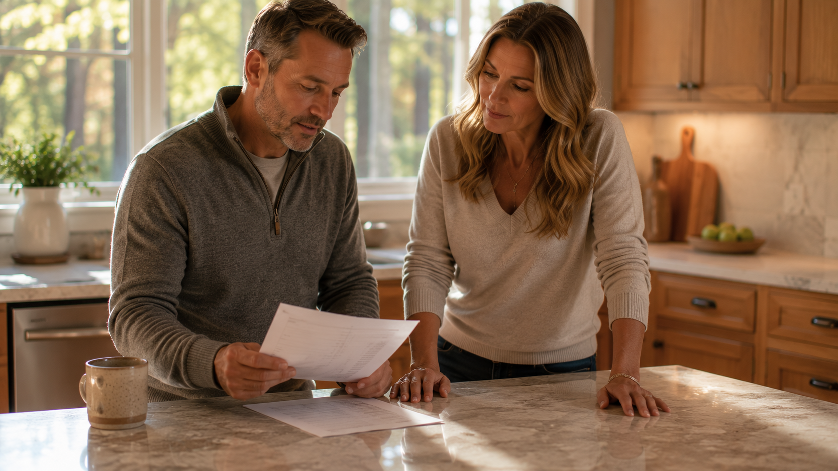 Raleigh NC homeowners reviewing mortgage documents at kitchen counter, discussing whether to sell their home in 2026