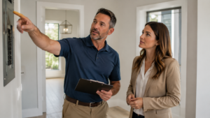 Home inspector and buyer reviewing findings at a Raleigh NC property during the due diligence period — NC has no separate home inspection contingency