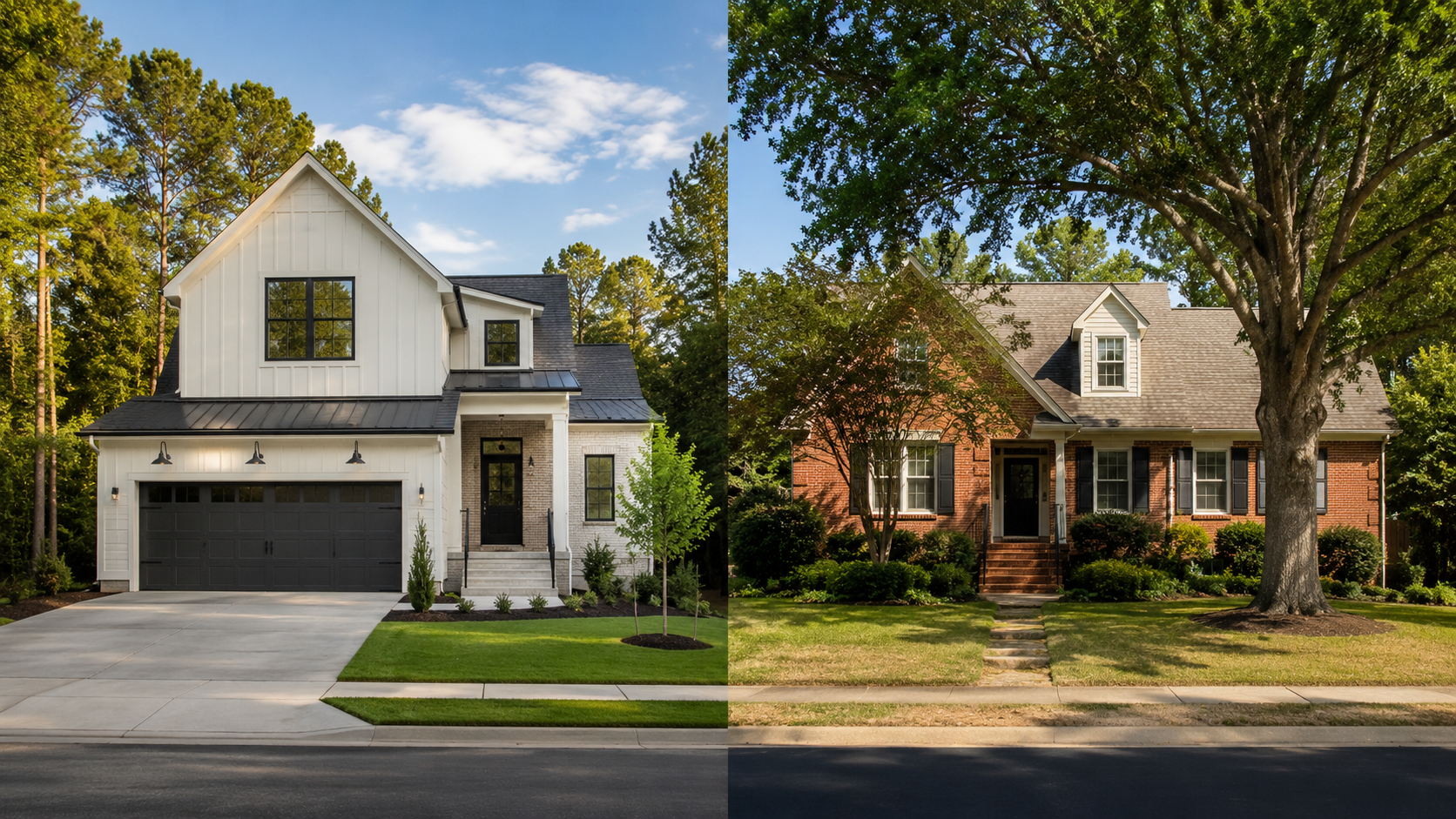 Side-by-side comparison of a new construction home and an established resale home in Raleigh NC — 2026 buyer decision guide for the Triangle market