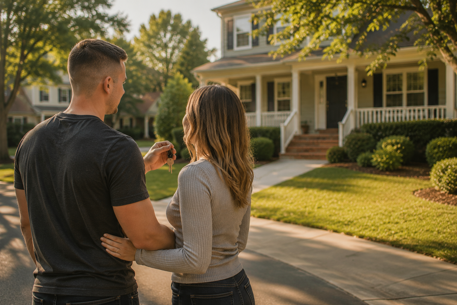 A veteran in civilian clothes and his partner stand in front of a new home in a Raleigh NC neighborhood, holding a key, warm afternoon light on the suburban street behind them