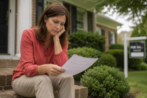 A woman sits alone on a front porch step of a Raleigh NC home for sale, reviewing paperwork, a For Sale sign visible in soft focus in the yard behind her on an overcast day