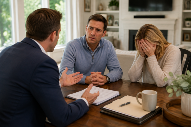 A Raleigh, NC real estate agent informing home sellers that their buyer's mortgage financing has fallen through and the home sale cannot close.