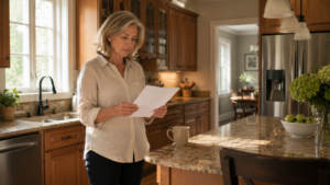 Raleigh NC home seller standing alone in kitchen reading a termination notice after a buyer walked away during due diligence period