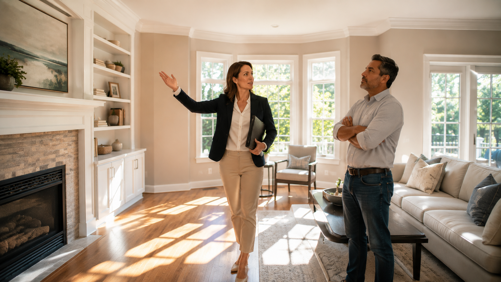 Raleigh listing agent walking through a home with a seller during a listing appointment, pointing out features in a spacious living room