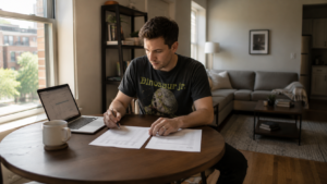 First-time home buyer in Raleigh NC reviewing FHA loan documents and mortgage comparison at a dining room table, natural daylight