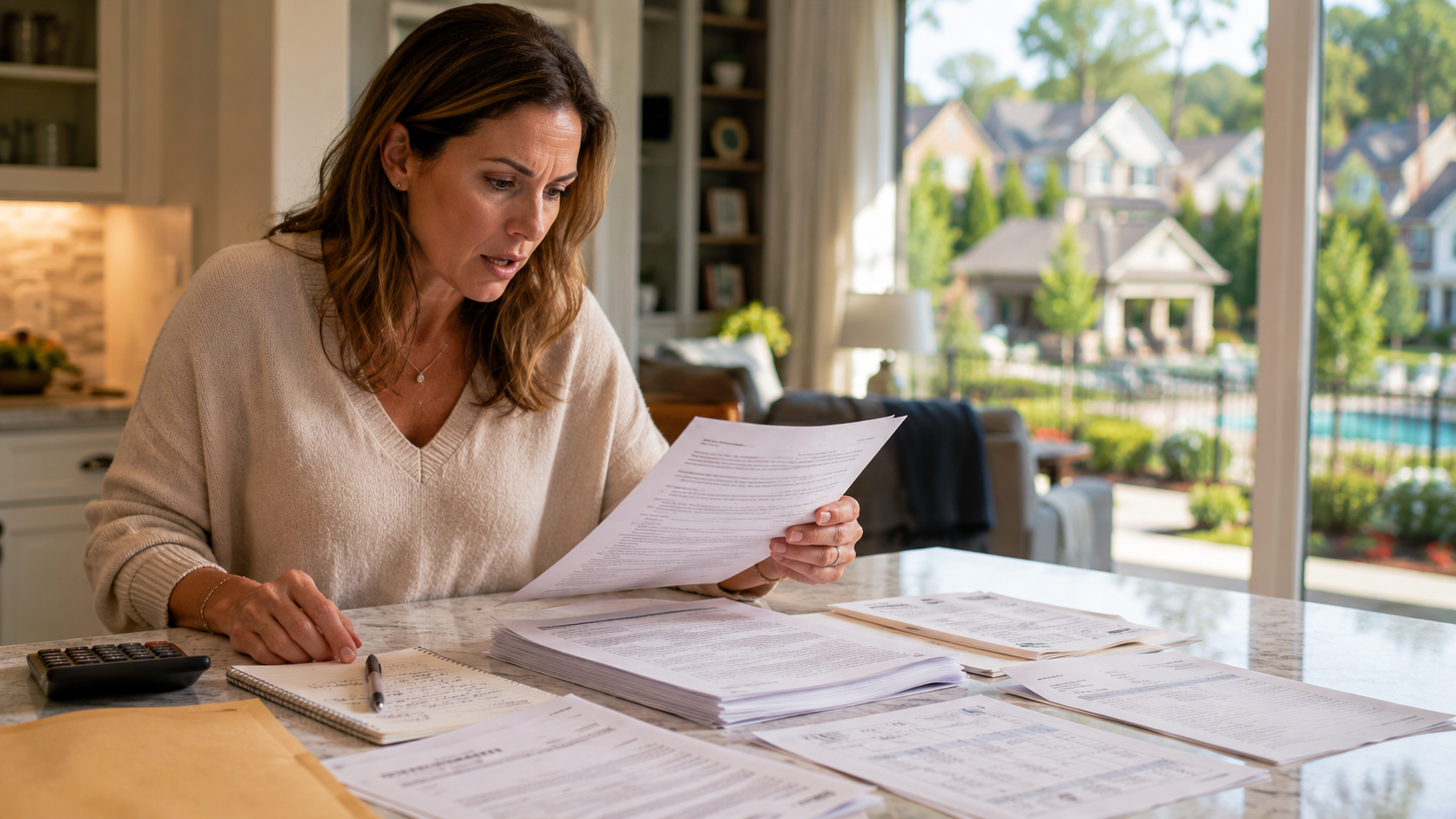 Raleigh NC homeowner reviewing HOA resale disclosure documents and community financial information before selling her home