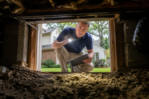A licensed home inspector shines a flashlight into a crawl space opening at a Raleigh NC home, checking for moisture and structural issues common in Triangle area properties.