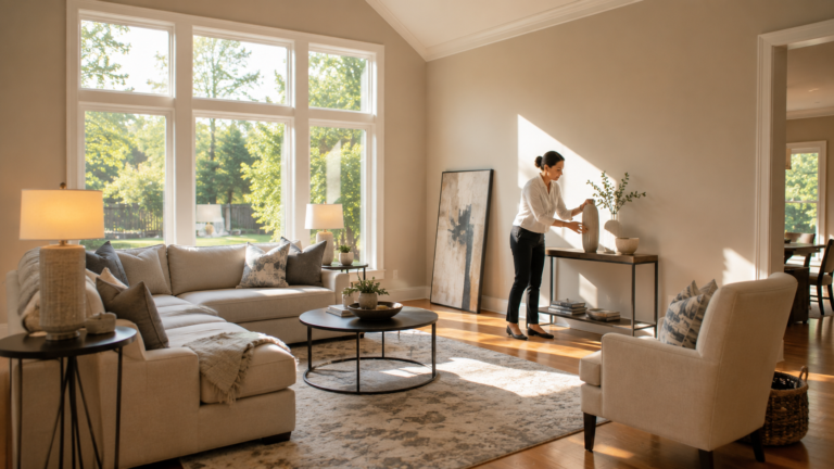 Professional home stager arranging decor in a vacant Raleigh NC living room before listing photos, afternoon light through tall windows