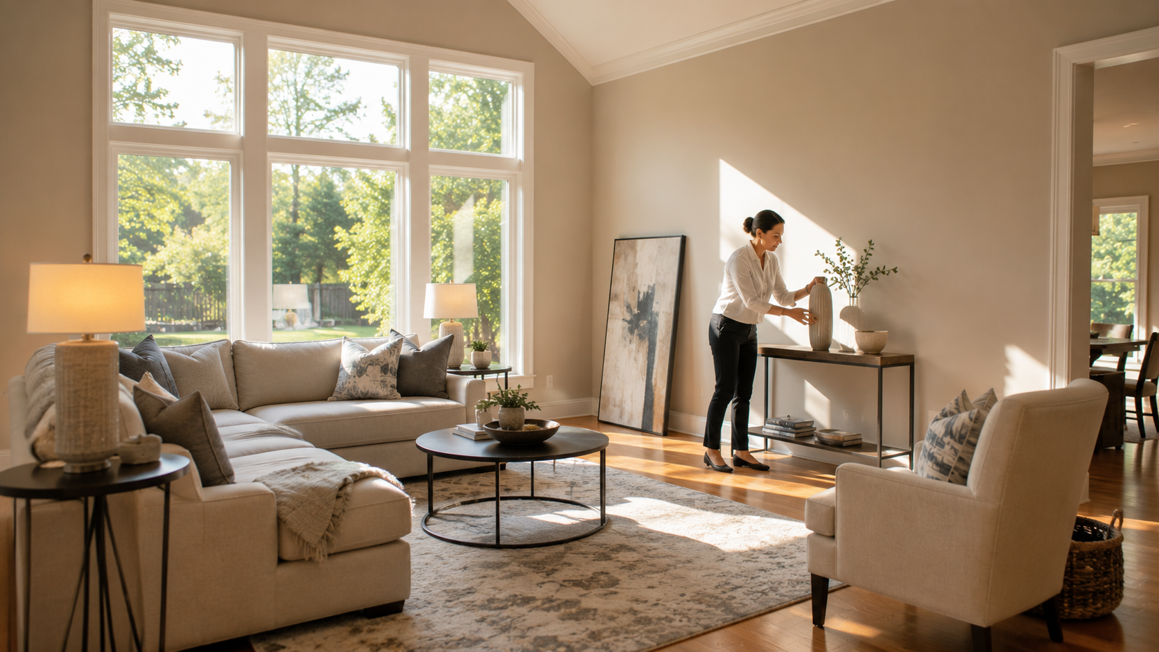 Professional home stager arranging decor in a vacant Raleigh NC living room before listing photos, afternoon light through tall windows