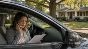 Raleigh home buyer sitting in their car outside a house under contract, on the phone with their lender about locking a mortgage rate
