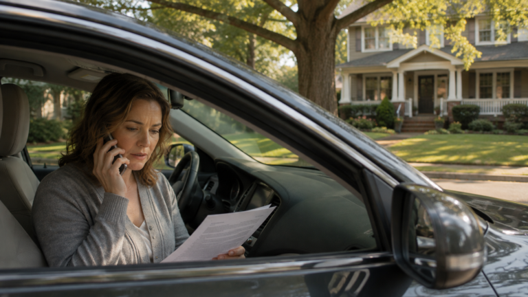 Raleigh home buyer sitting in their car outside a house under contract, on the phone with their lender about locking a mortgage rate