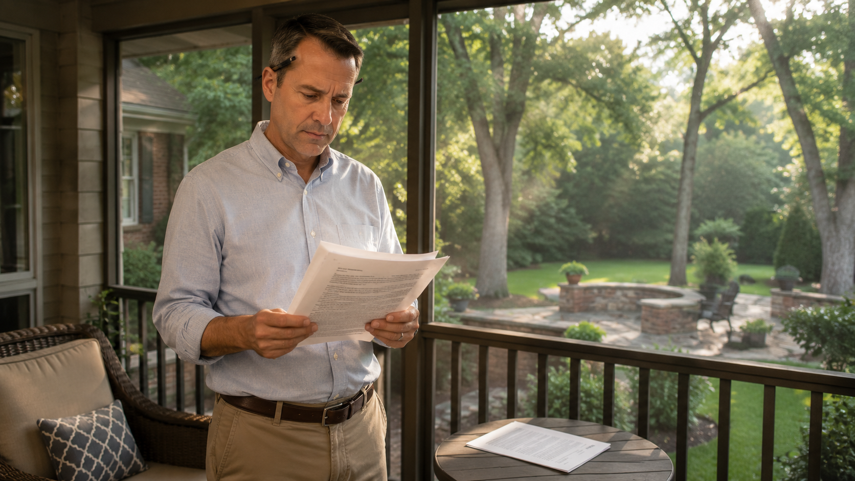 Raleigh homeowner reading NC listing agreement documents on a covered back porch before signing with a listing agent