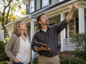 Seller and contractor reviewing exterior repair issue at Raleigh NC home after home inspection