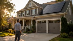 Homeowner standing in driveway looking at solar panels on roof of Raleigh NC home, considering selling in 2026