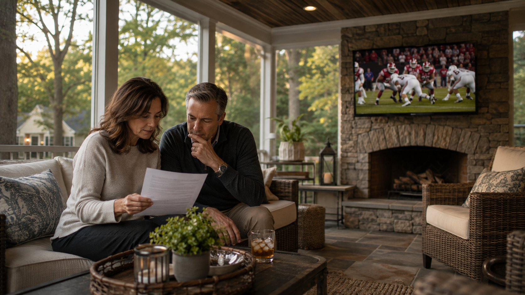 Raleigh NC home sellers reviewing a contingent purchase offer together on their screened porch in 2026