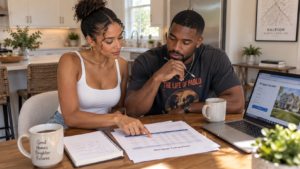First-time home buyer couple in Raleigh NC comparing down payment options and PMI costs on a mortgage worksheet in 2026
