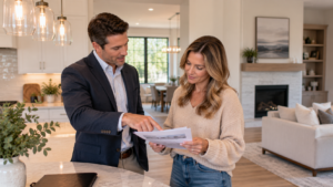 Triangle area home buyer reviewing a buyer agency agreement with a real estate agent — NC Form 201, Form 202, Form 220 explained for Raleigh buyers in 2026