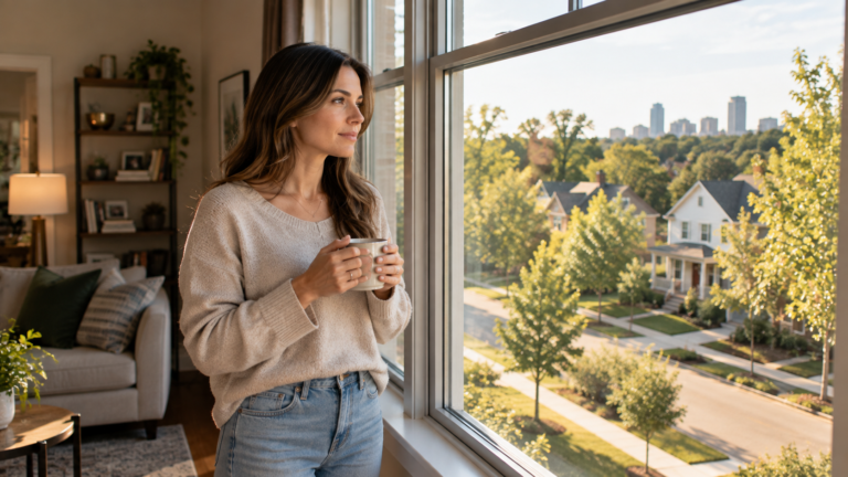 Woman standing at apartment window looking out at a Raleigh NC neighborhood, considering renting vs buying a home in 2026