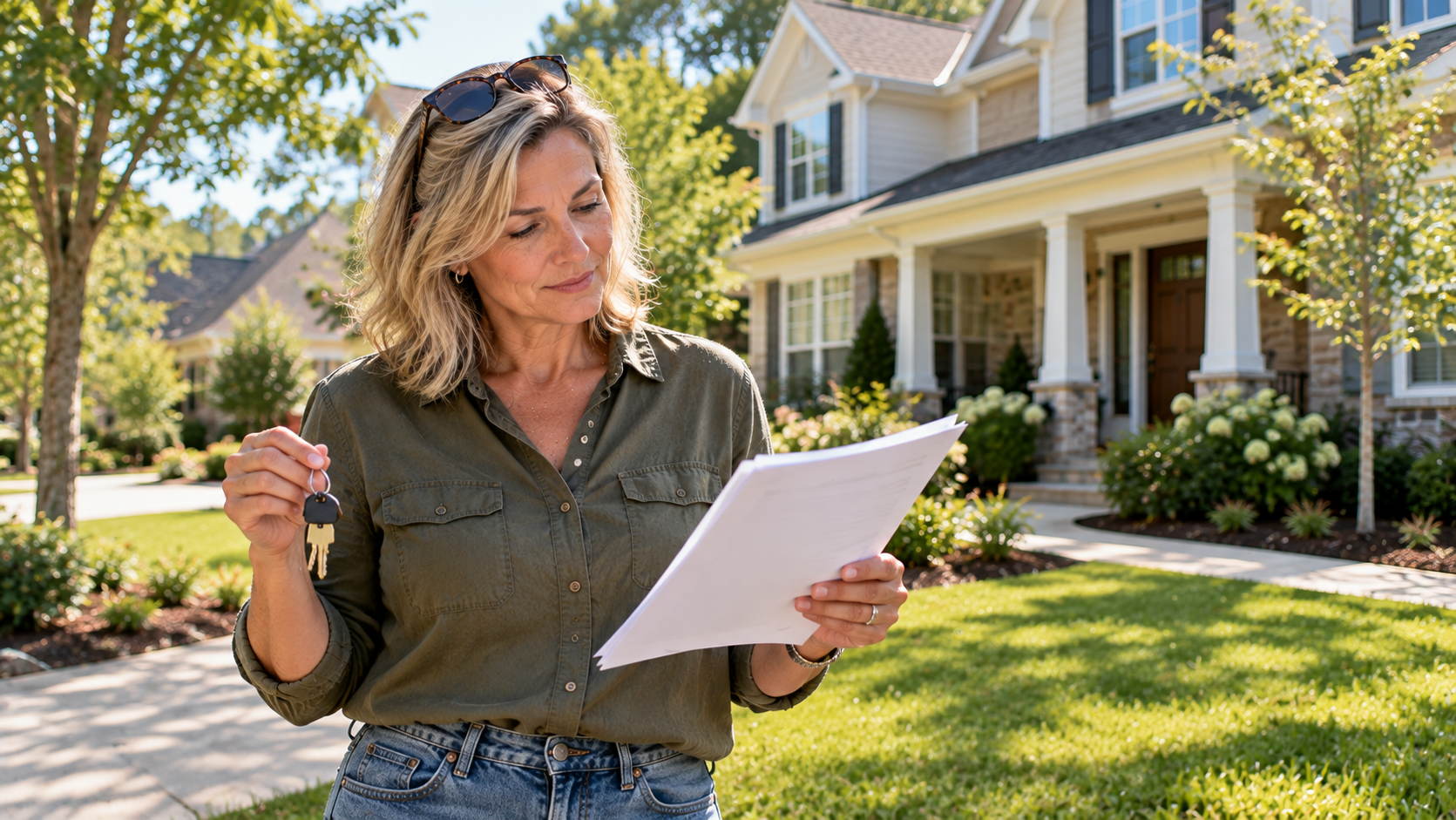 Raleigh NC homeowner weighing whether to sell their house or rent it out in 2026 -- standing in front of a suburban single-family home holding keys and a lease