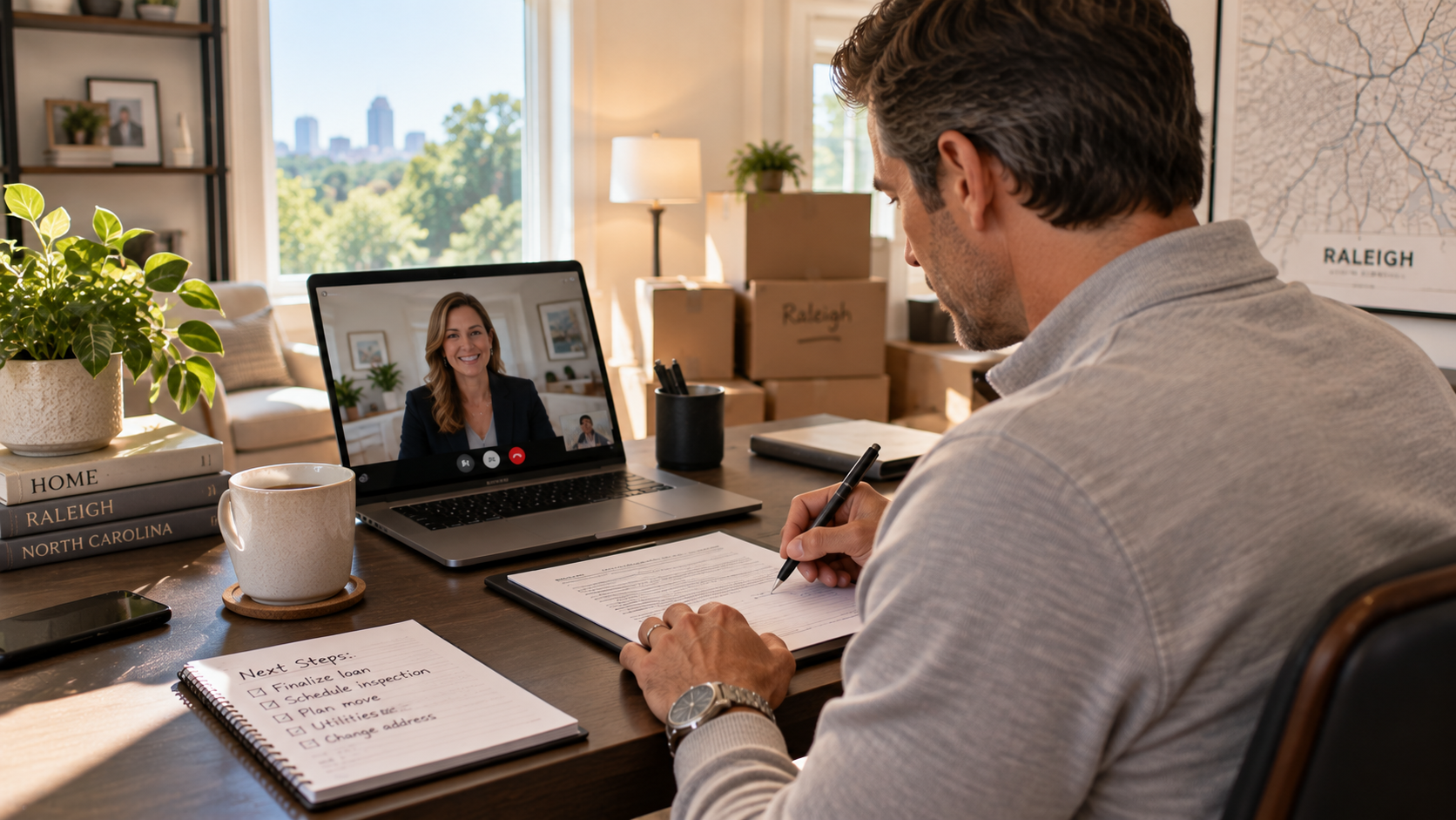 NC seller signing closing documents remotely on a laptop — remote closing options for Raleigh home sellers in 2026
