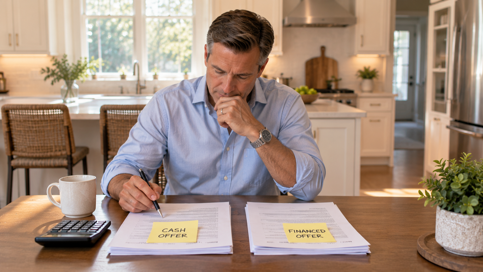 Raleigh NC homeowner comparing a cash offer and a financed offer on their house at a kitchen table in 2026