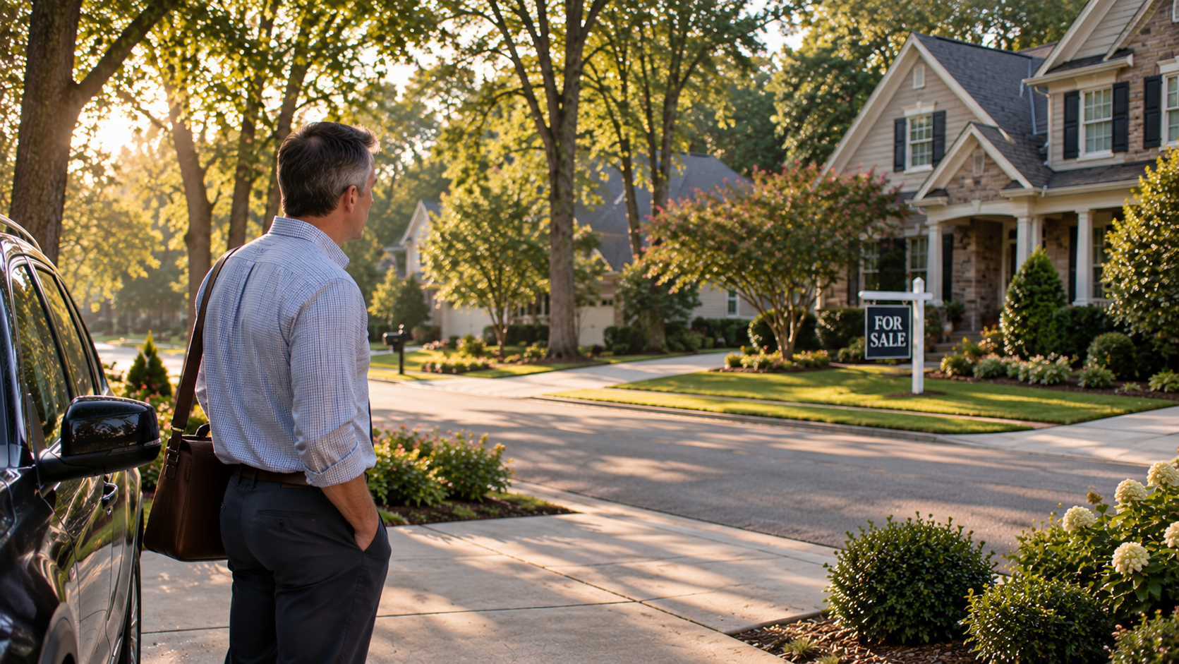Homeowner in a Raleigh NC suburban neighborhood noticing a For Sale sign across the street, illustrating the Wake County real estate market in August 2026