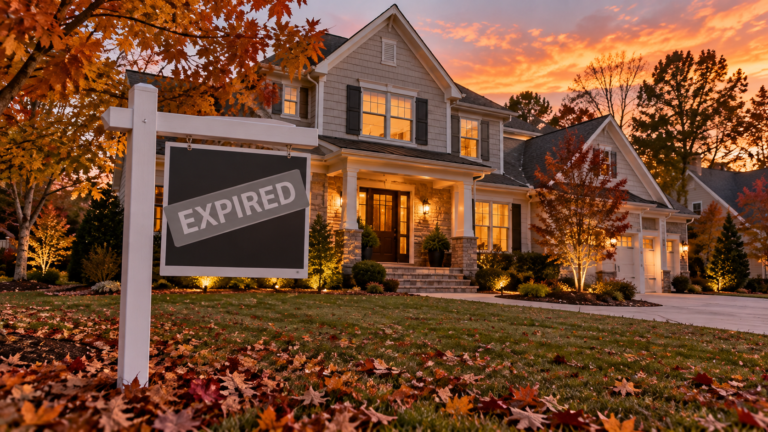 Expired real estate listing sign in front of a Raleigh NC home at dusk with autumn leaves on the lawn