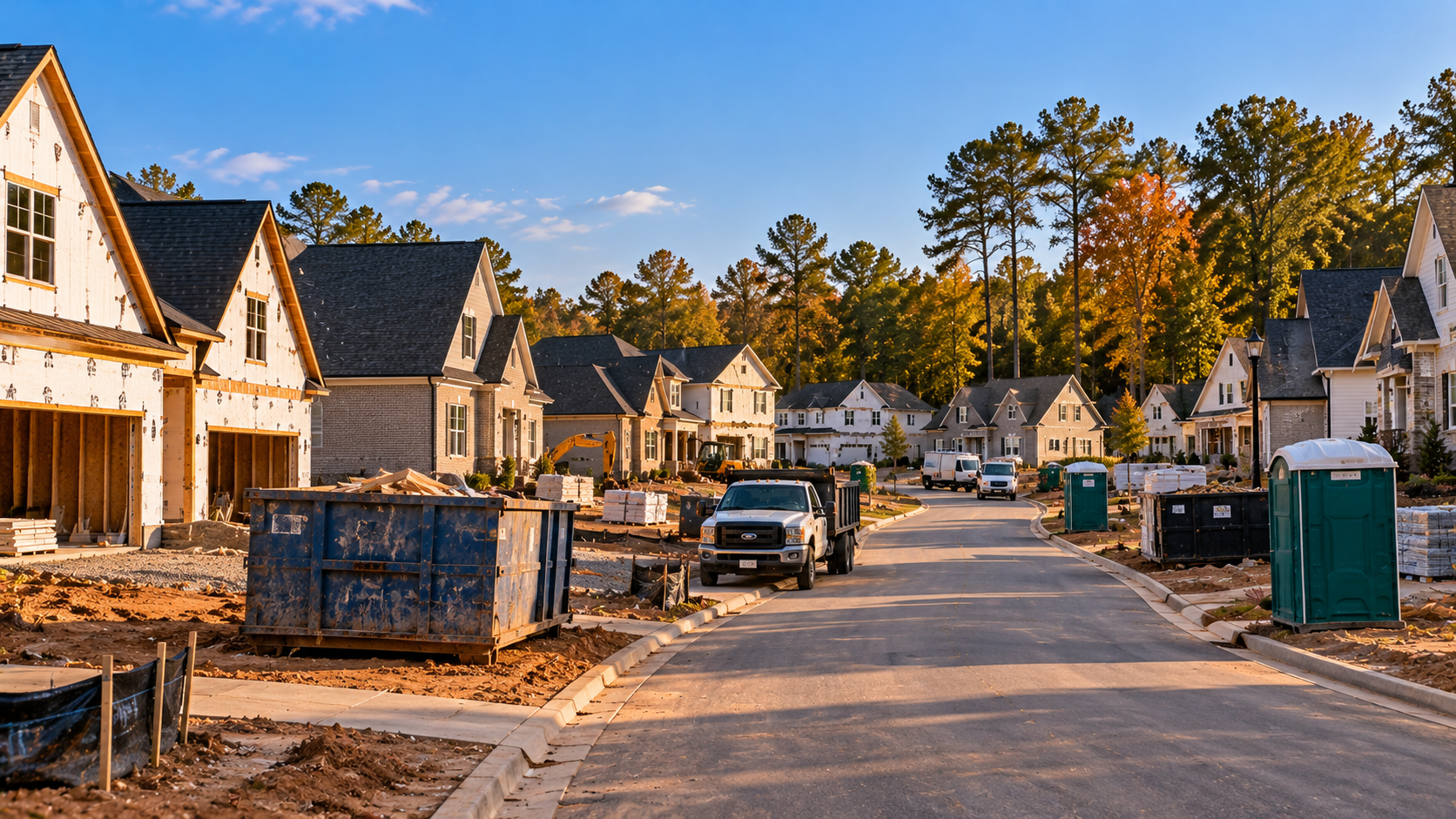 New construction homes under development in a Raleigh NC community, showing a builder's active development with multiple homes at various stages of completion