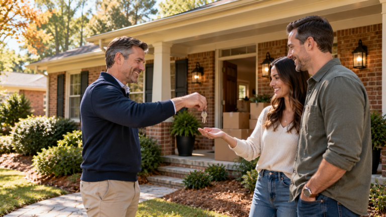 Seller handing keys to buyer at a Raleigh NC home with moving boxes on the porch, representing a post-closing possession rent-back agreement