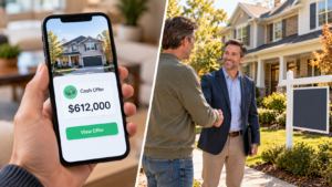Split image comparing an iBuyer instant cash offer on a phone screen versus a real estate agent shaking hands with a Triangle NC home seller