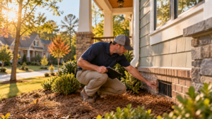 Home inspector examining a Raleigh NC home exterior before listing — a pre-listing inspection for sellers