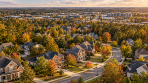 Suburban neighborhood in Wake County NC in early autumn with a retail development visible in the distance, illustrating the September 2026 real estate market data from the Wake County Register of Deeds