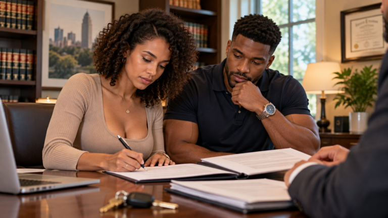 Home buyers reviewing and signing closing documents at a law office in Raleigh NC with a house key visible on the conference table