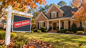 For Sale sign with Price Reduced sticker in front of a Raleigh NC home in autumn, representing seller price reduction strategy in 2026