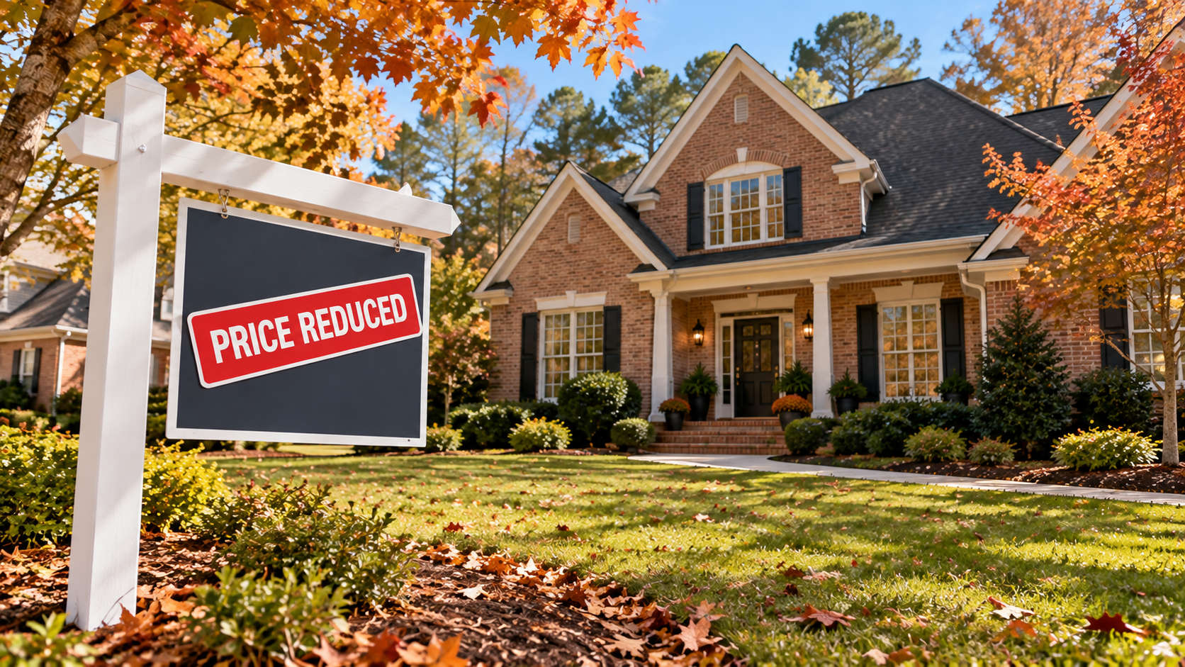 For Sale sign with Price Reduced sticker in front of a Raleigh NC home in autumn, representing seller price reduction strategy in 2026